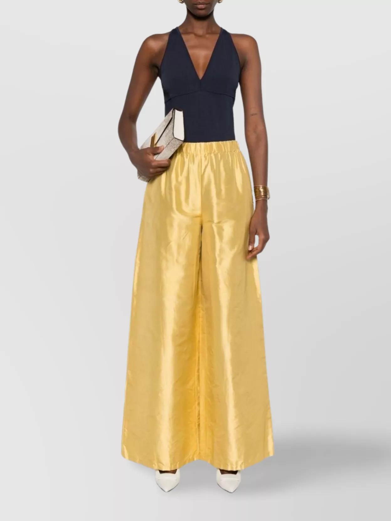 Max Mara Wide-leg Trousers With Shiny Finish And Elastic Waistband In Neutral