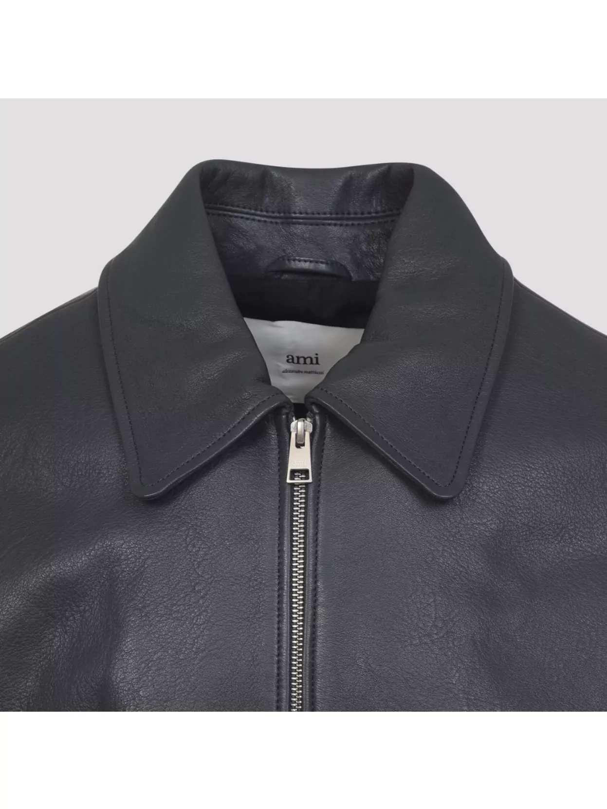 Ami Alexandre Mattiussi Mens Anthracite Regular-fit Spread-collar Leather Jacket In Gray