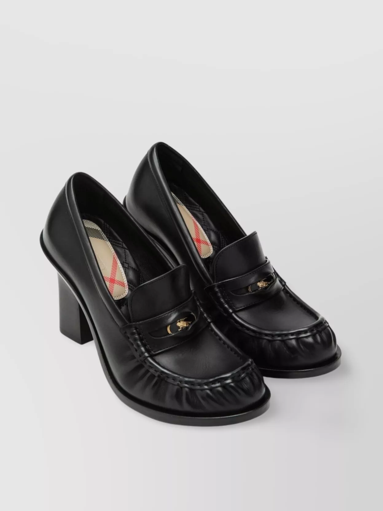 Burberry Block Heel Leather Loafers Round Toe