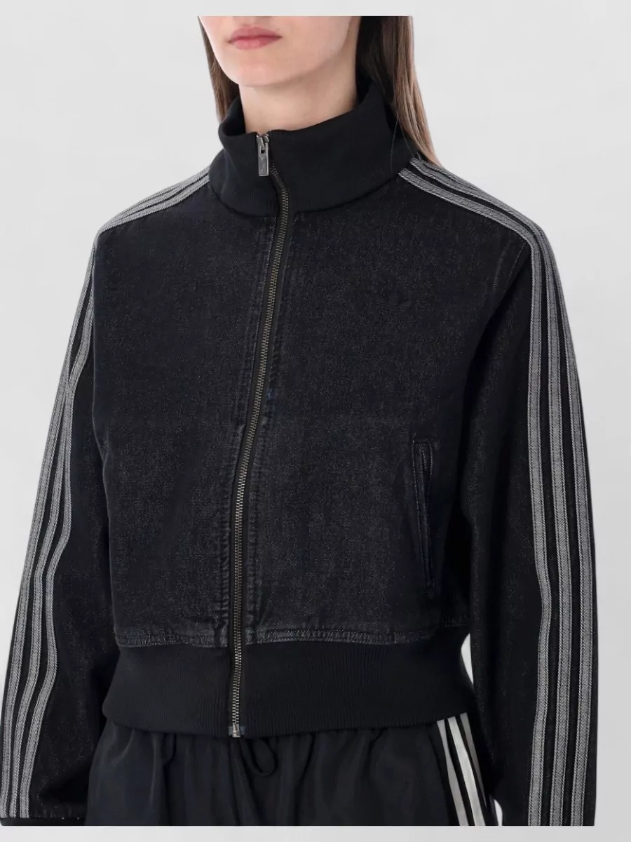 Adidas Originals Denim Bomber Jacket High Collar Striped Sleeves