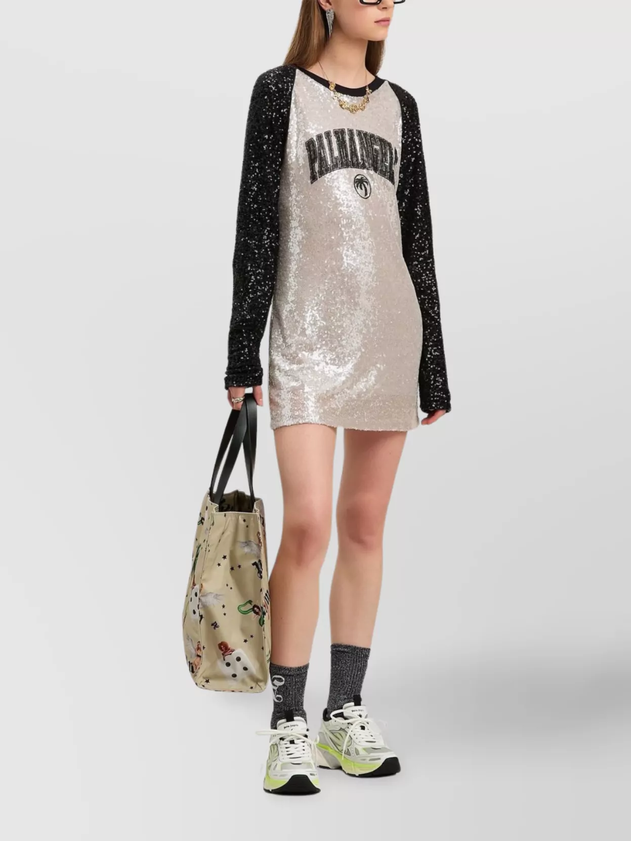 Palm Angels Mini Dress Sequin Design Crew Neck