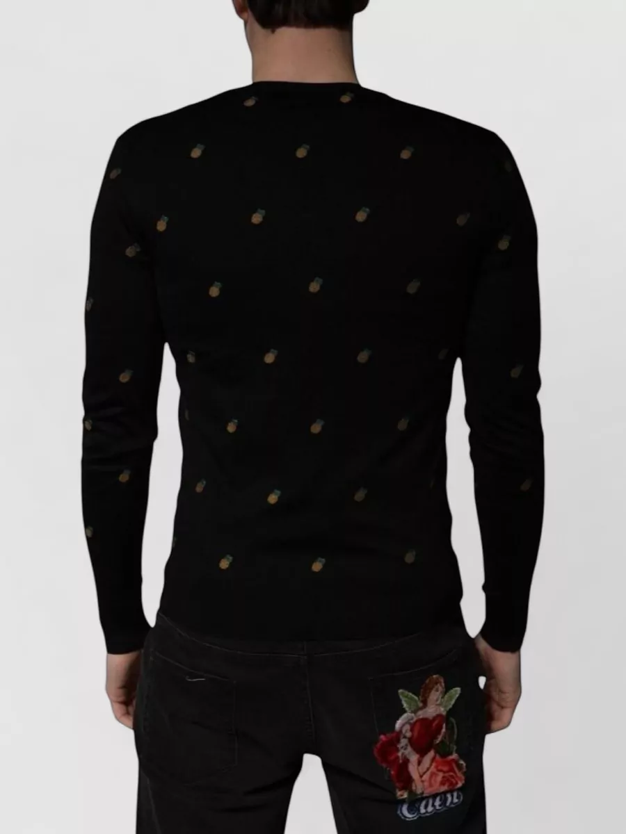 Dolce&Gabbana Silk Pineapple-Embroidered Crew-Neck Sweater