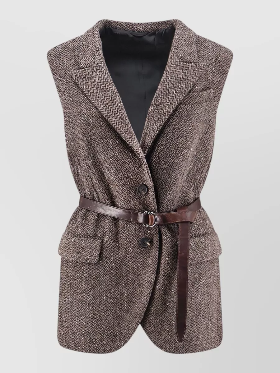 Brunello Cucinelli Virgin wool herringbone belted sleeveless single breasted coat