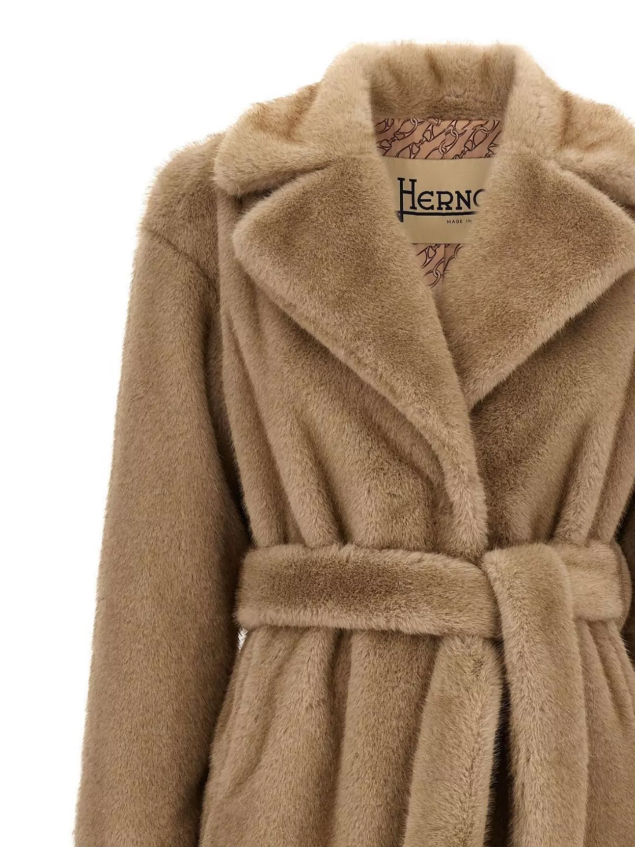Herno Long Faux Fur Coat With Belted Waist In Brown