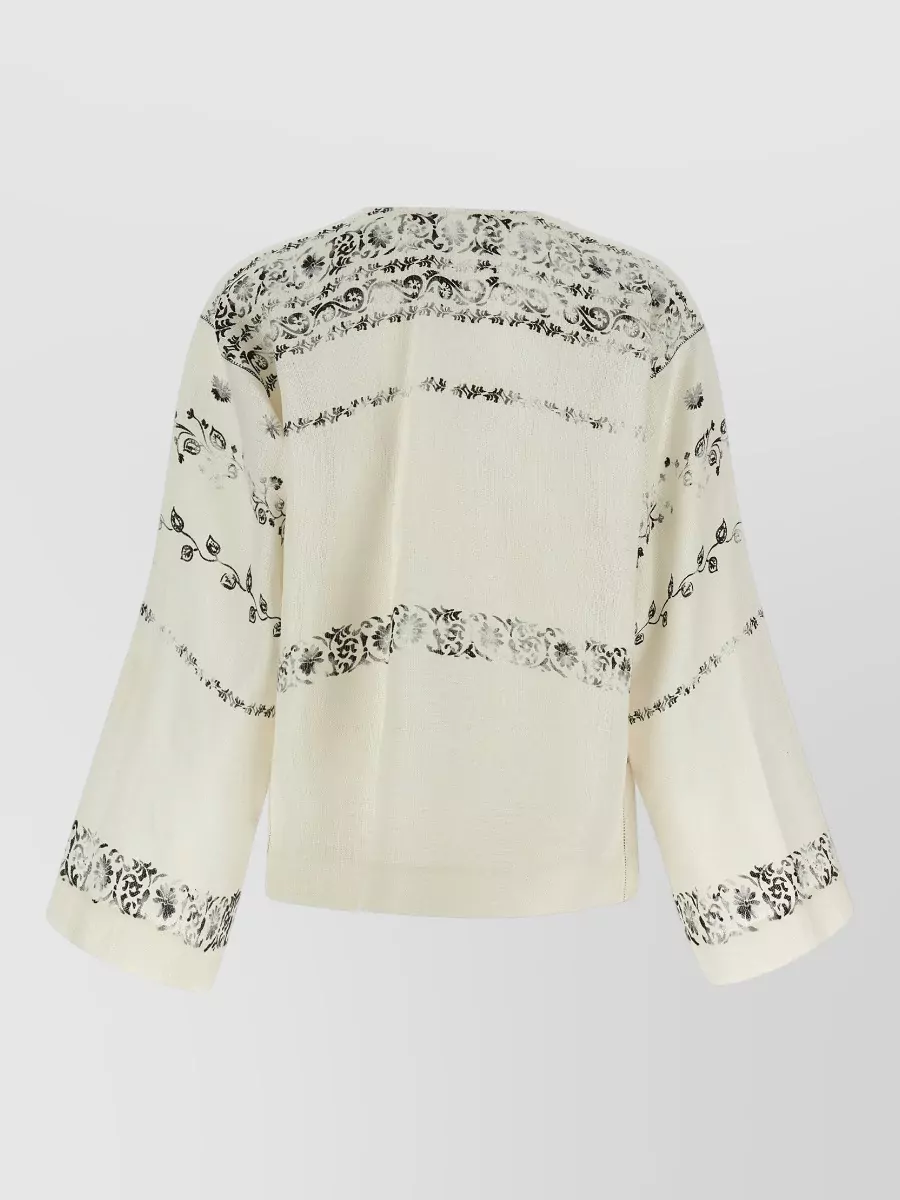 Alberta Ferretti Linen Printed V-Neck Long-Sleeve Shirt