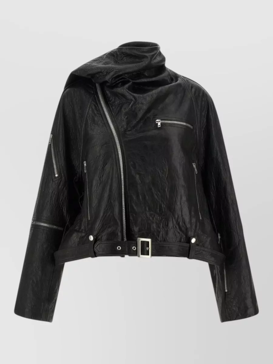 Rick Owens Leather Jacket Belted Waist High Collar