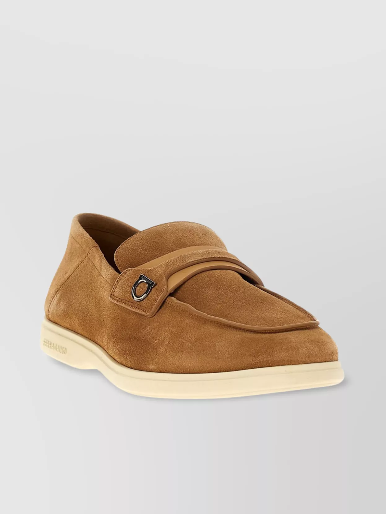 Ferragamo Round Toe Suede Loafers With Metal Hardware In Brown