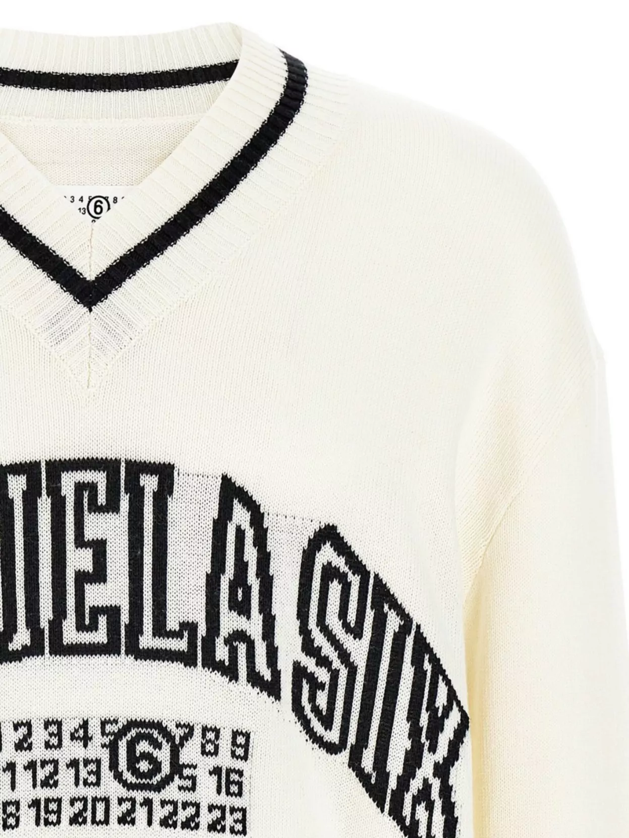 Mm6 Maison Margiela Graphic Print V-Neck Sweater With Ribbed Cuffs