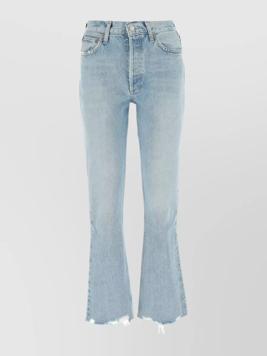 Shop Agolde Flared Distressed Denim Trousers In Blue
