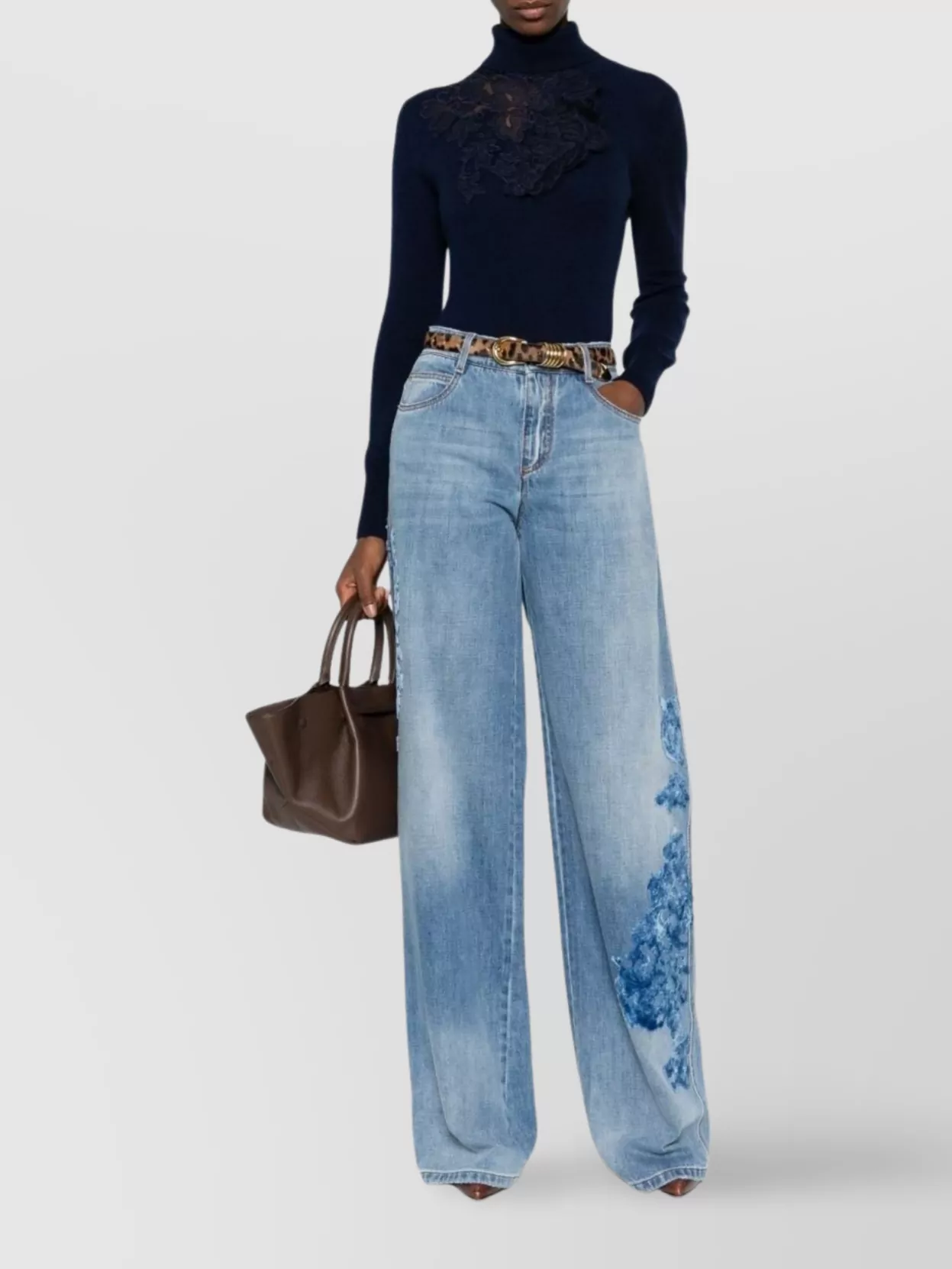 Ermanno Scervino High Neck Floral Lace Knitwear In Blue
