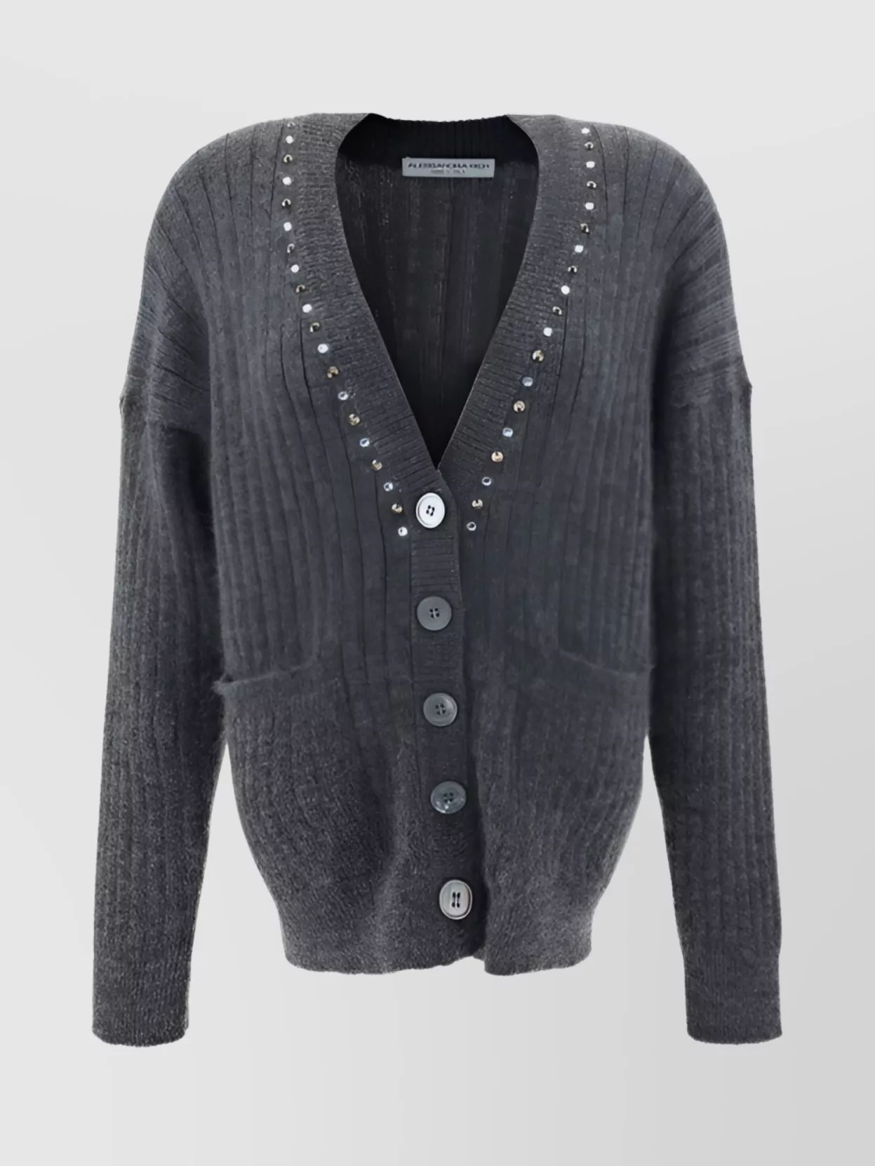 Shop Alessandra Rich Wool V-neck Ribbed Cardigan Pockets