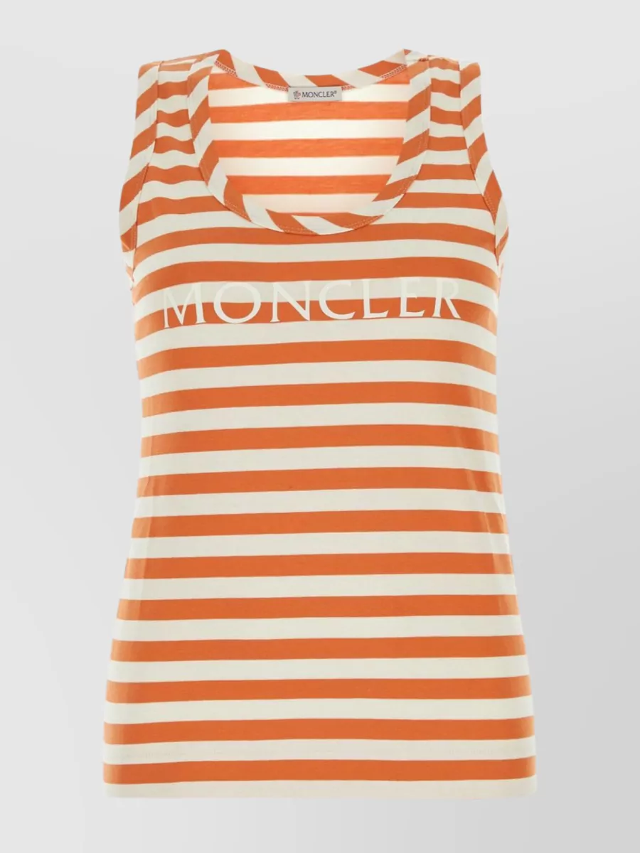 Shop Moncler Striped Embroidery Cotton Tank Top In Orange