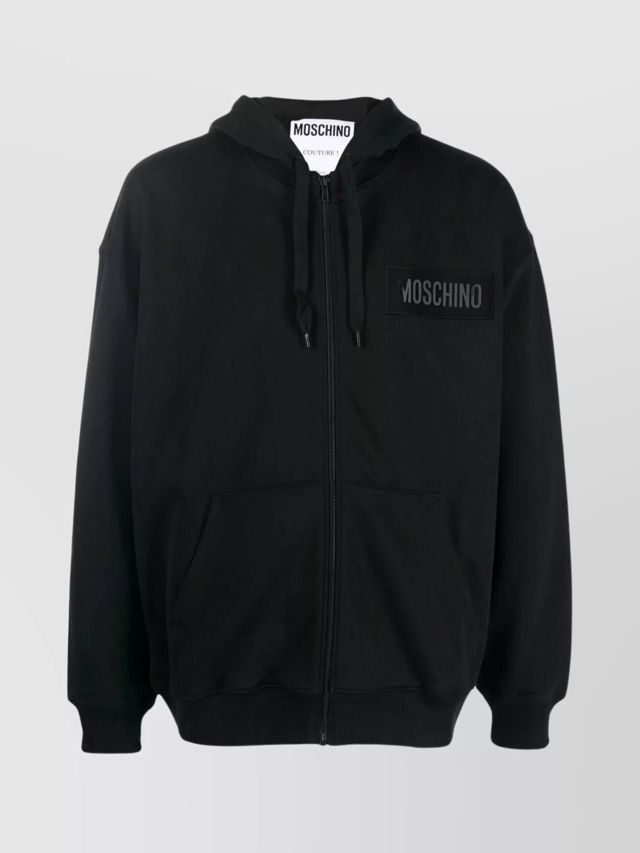Shop Moschino Drawstring Hooded Zip-up Sweater In Black