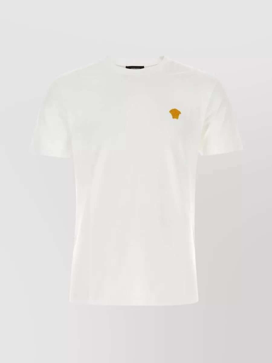 Shop Versace Logo Embroidered Cotton Crew-neck T-shirt In White