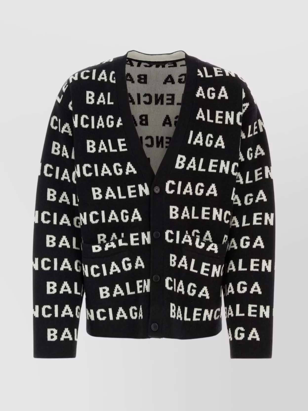 Shop Balenciaga Logo Jacquard Wool Blend V-neck Cardigan