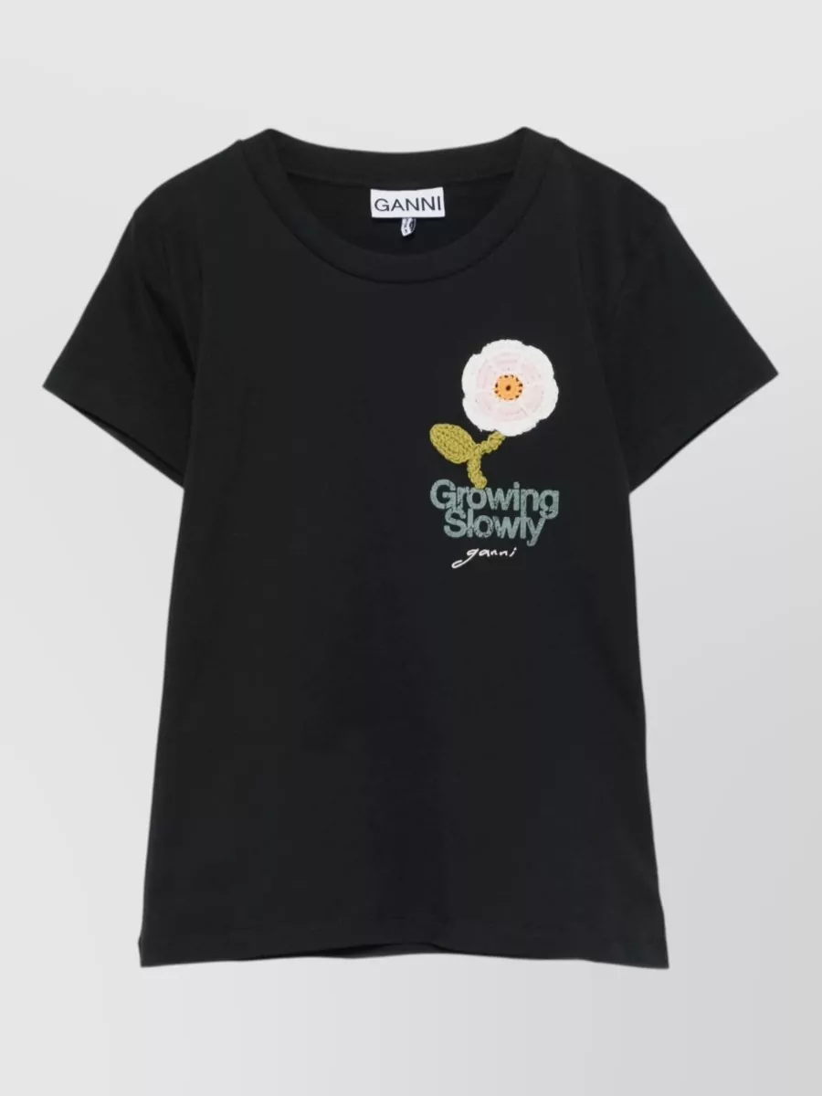 Ganni Floral-Embroidered Cotton T-Shirt
