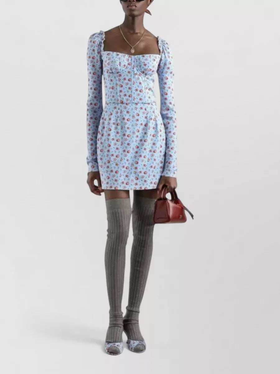 Dolce&Gabbana Silk Floral-Print Square-Neck Long-Sleeve Mini Dress