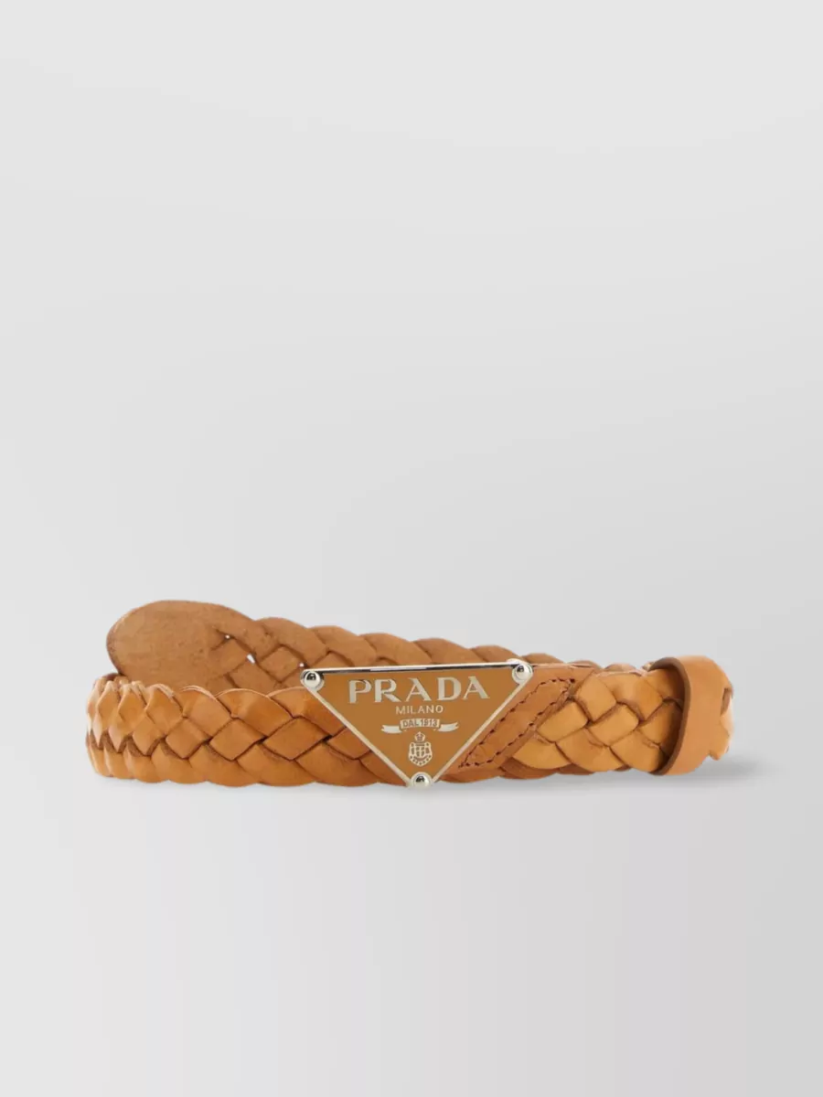 Shop Prada Tapered Woven Leather Belt With Braided Design In Brown