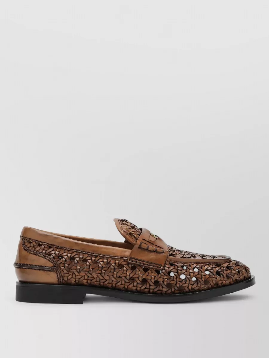 Miu Miu Leather Loafers Round Toe Woven Design