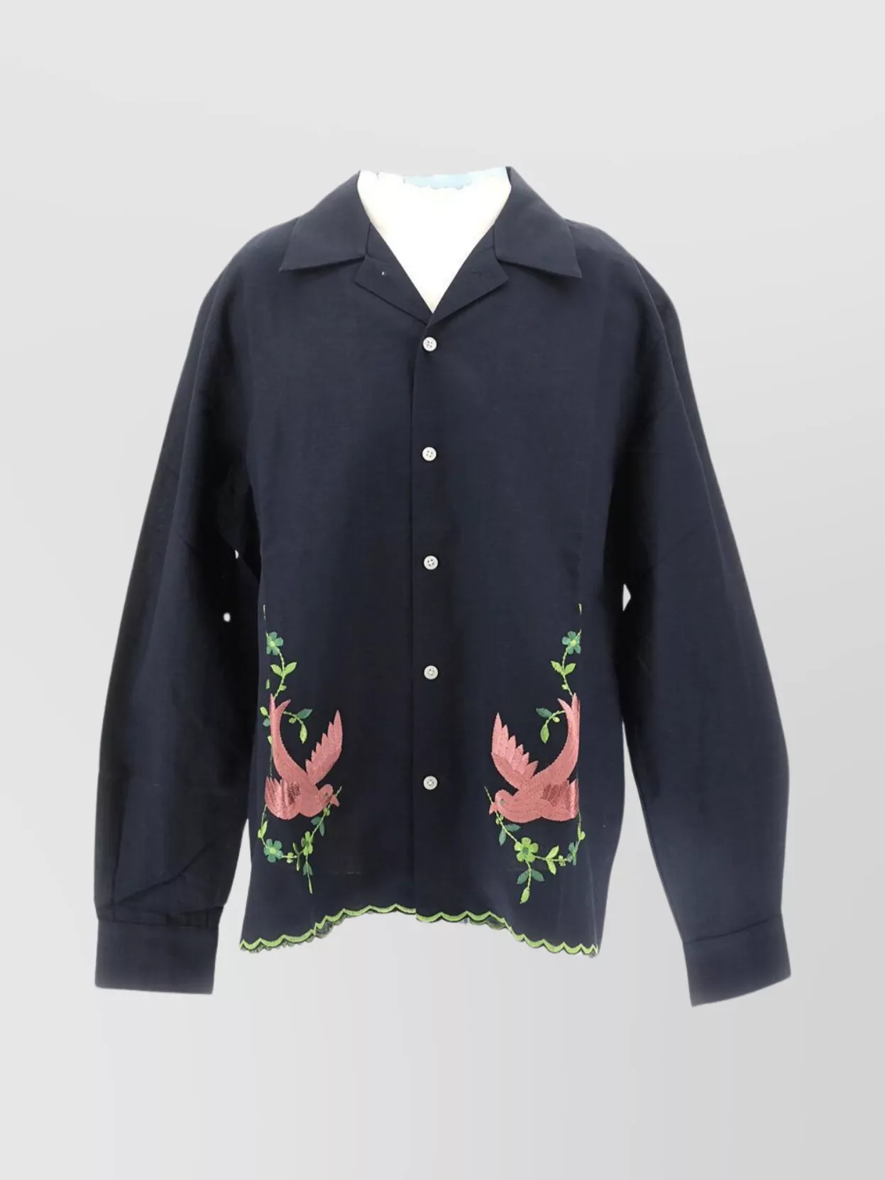 Bode Long Sleeve Embroidered Scalloped Hem Shirt In Blue