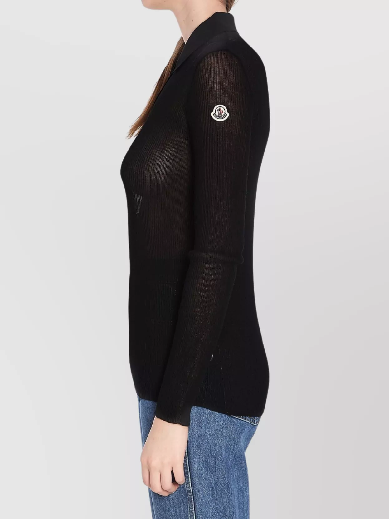 Moncler Sheer Ribbed Cotton Long-sleeve Polo In Black