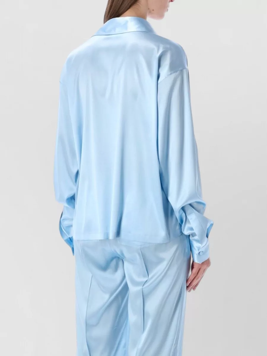 Tom Ford Silk Satin Polo Shirt Long Sleeves In Blue