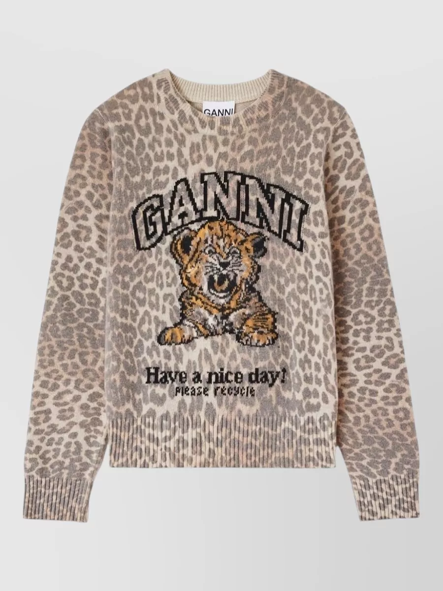 Ganni Wool tiger-print crewneck sweater