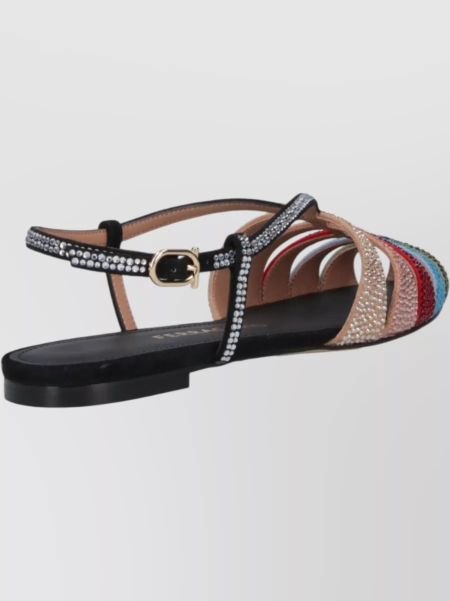 Ferragamo Sandals Flat Sole Open Toe Rhinestones