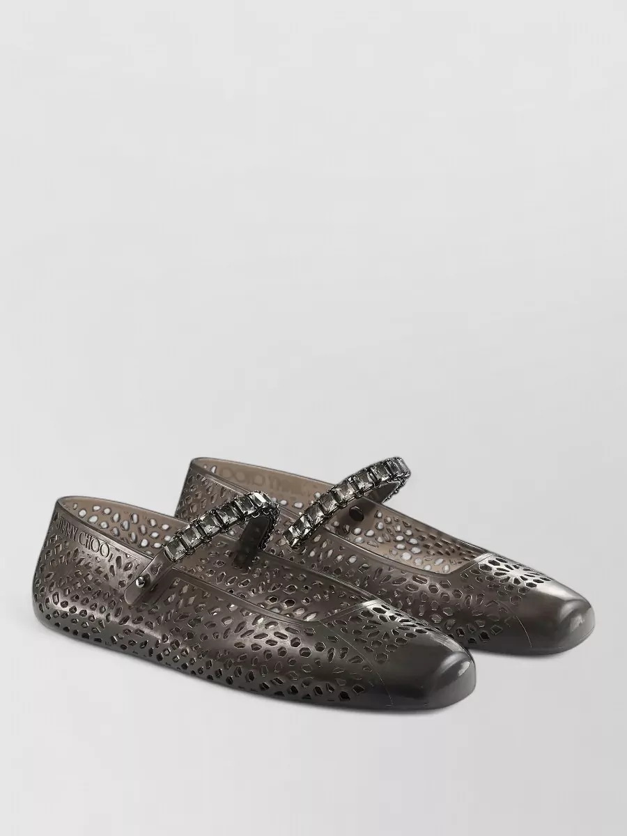 Jimmy Choo Round Toe Perforated Embellished Strap Ballerina Shoes