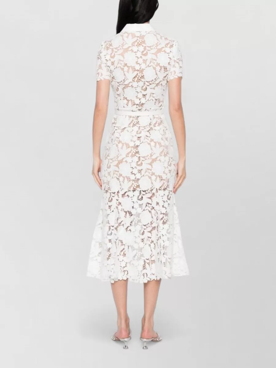 Self-Portrait Lace Collared Short-Sleeve Belted Flared Midi Dress