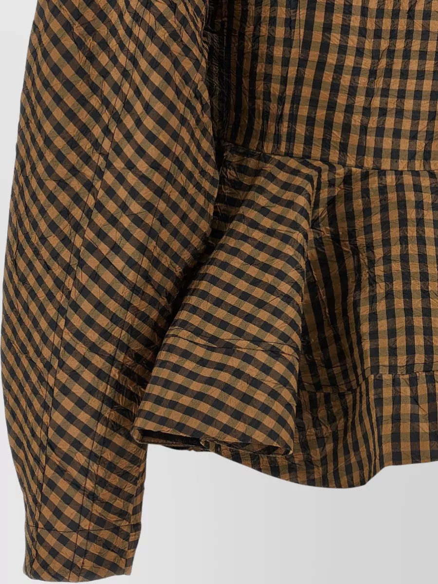 Ganni Crinkled Taffeta Blouse Peplum Check Design In Brown