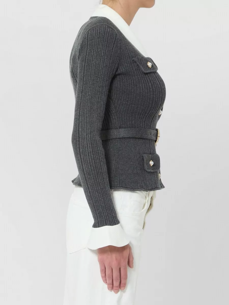 Self-Portrait Cashmere Wool Ribbed Knit Cardigan Jacket