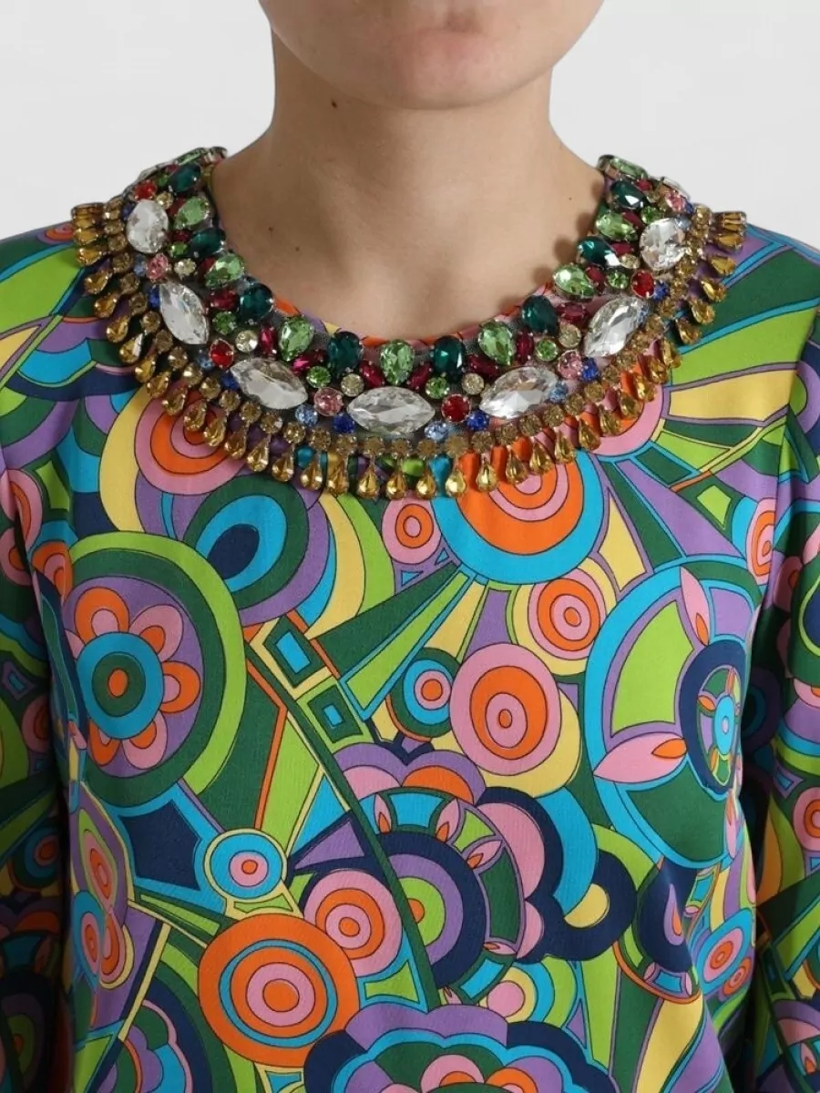 Dolce&Gabbana Silk Printed Crystal-Embellished Long-Sleeve Mini Dress