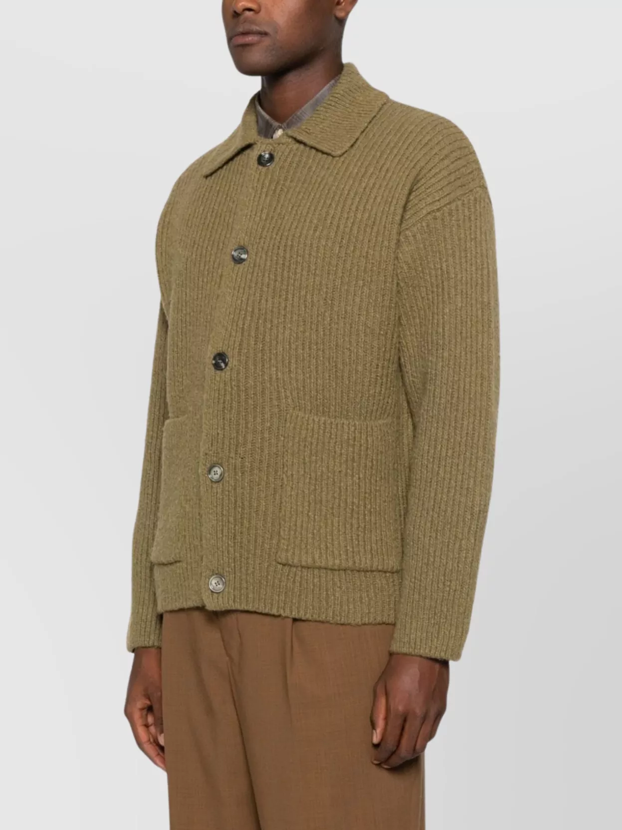 Ami Alexandre Mattiussi Collared Crewneck Sweater Ribbed Texture In Green