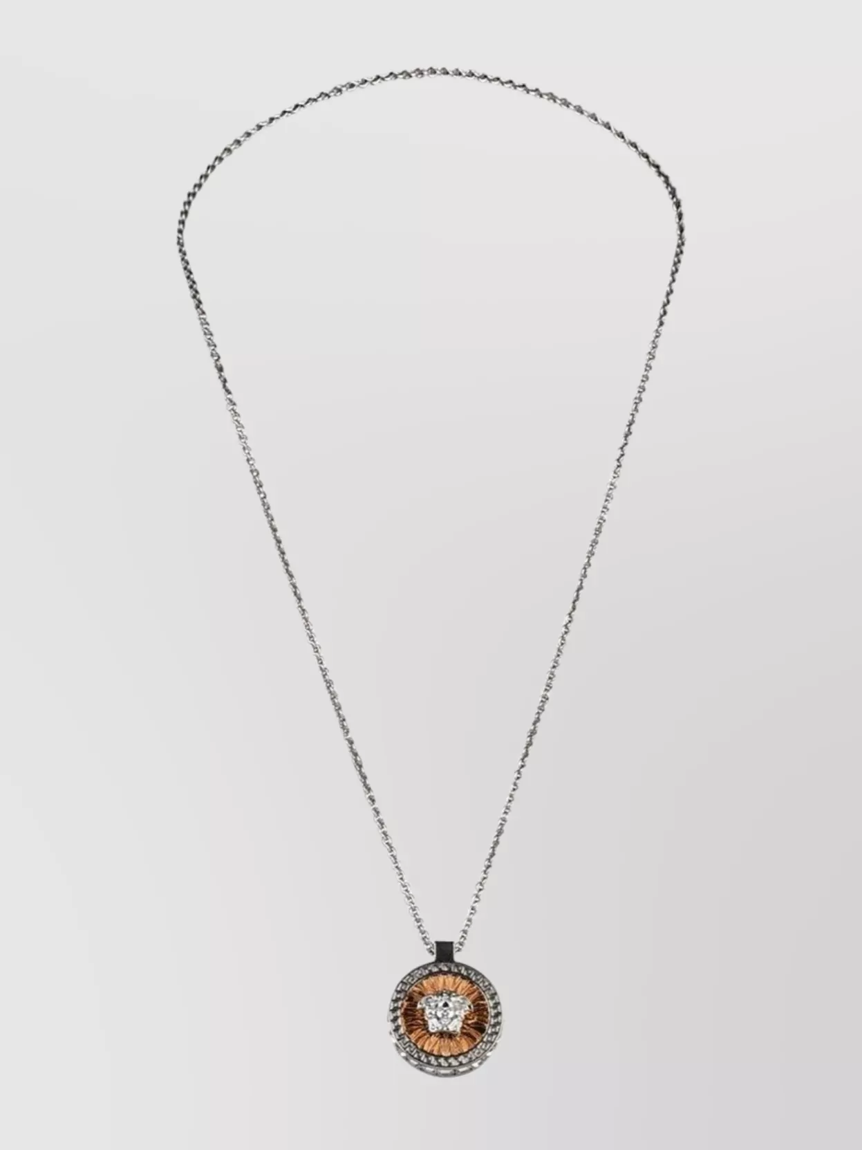 Versace Metal Chain Link Necklace With Circular Gemstone Pendant In Metallic
