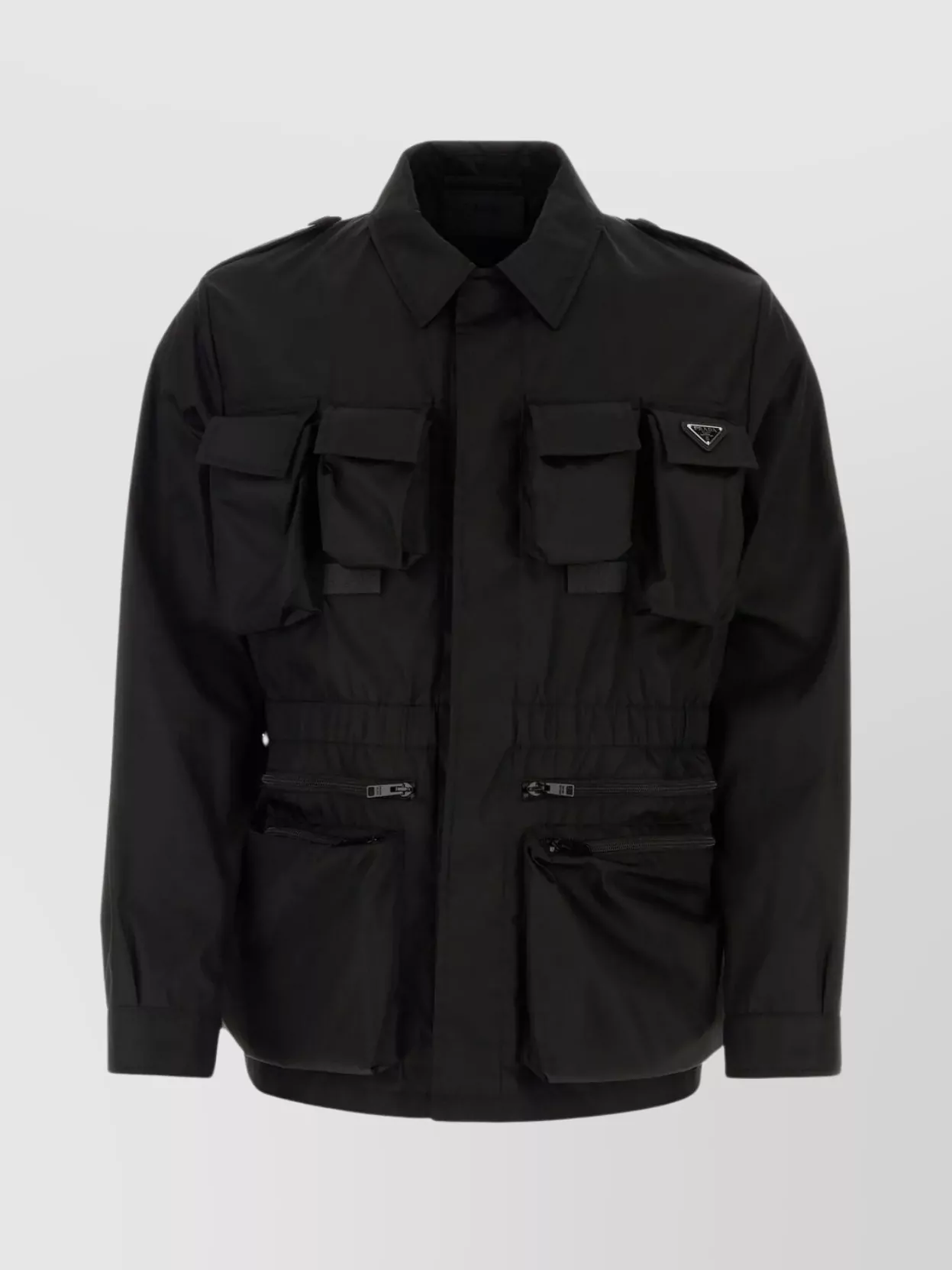 Prada Jacket Featuring Adjustable Waist And Multiple Pockets In Black