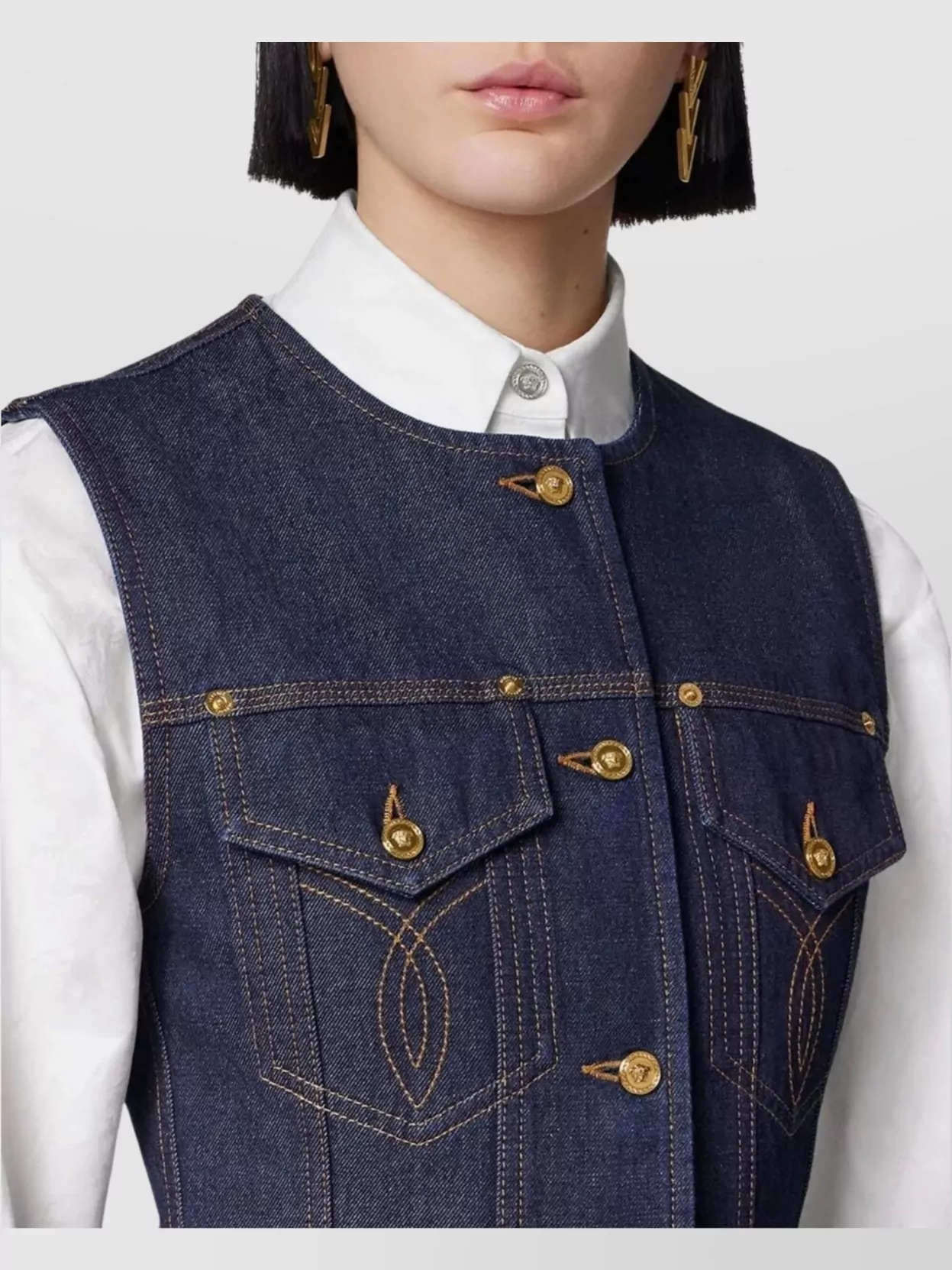 Versace Sleeveless Denim Vest Featuring Chest Pockets In Blue
