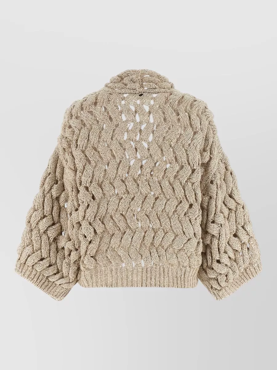 Brunello Cucinelli Silk Linen Openwork Sequin Cropped V-Neck Cardigan