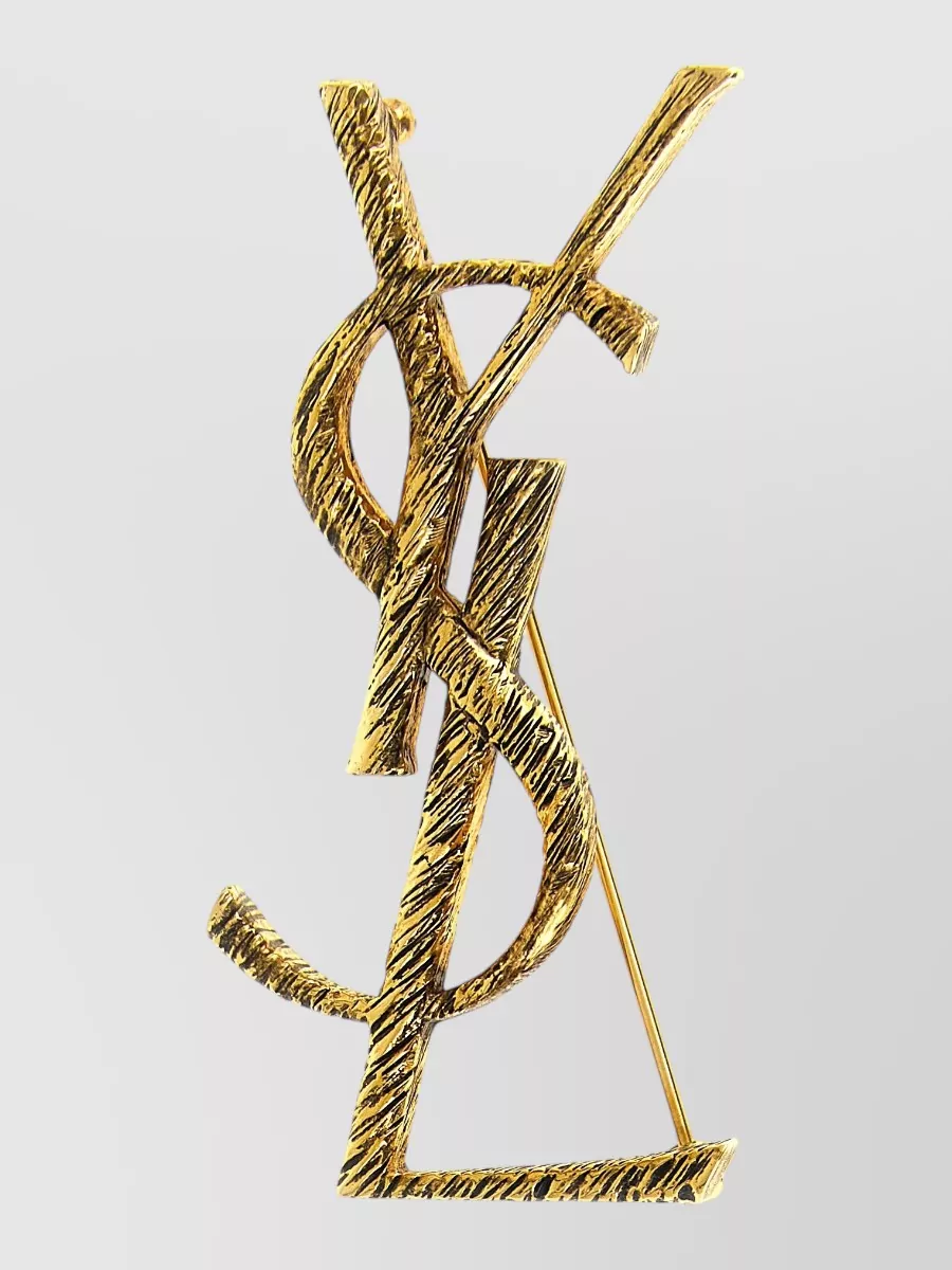 Saint Laurent Textured Finish Metal Logo Fashion Brooch In Gold