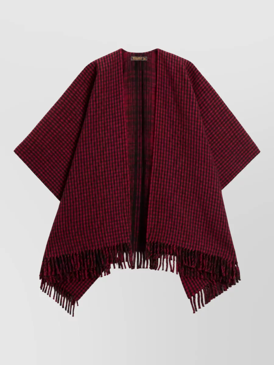 Woolrich checked wool fringe cape