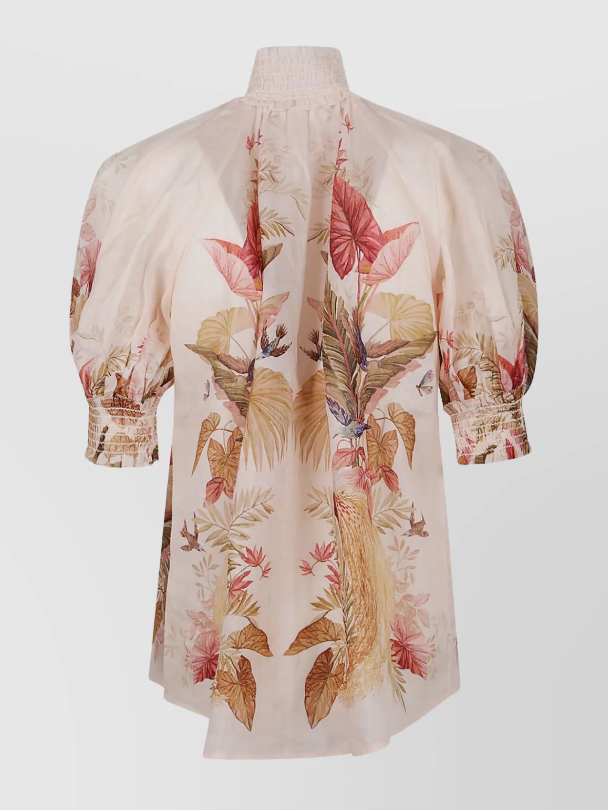 Zimmermann Ramie Printed High-Neck Short-Sleeve Blouse