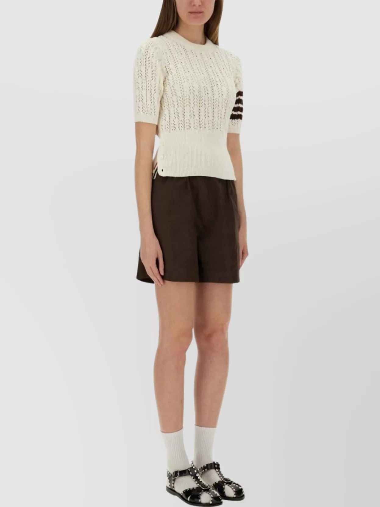 Thom Browne Womens White Pointelle Cable-knit Cotton T-shirt In White