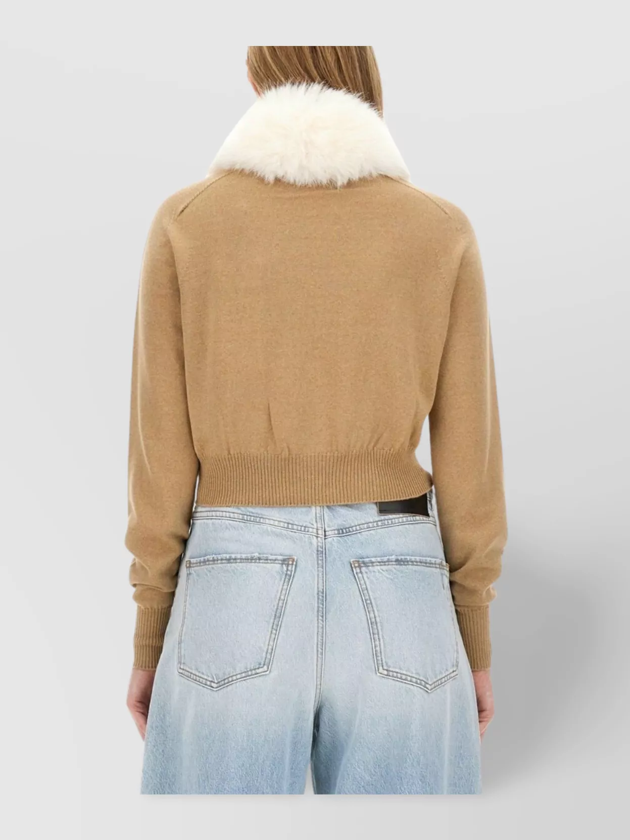 Sportmax Cropped Knit Shirt With Faux Fur Collar In Brown