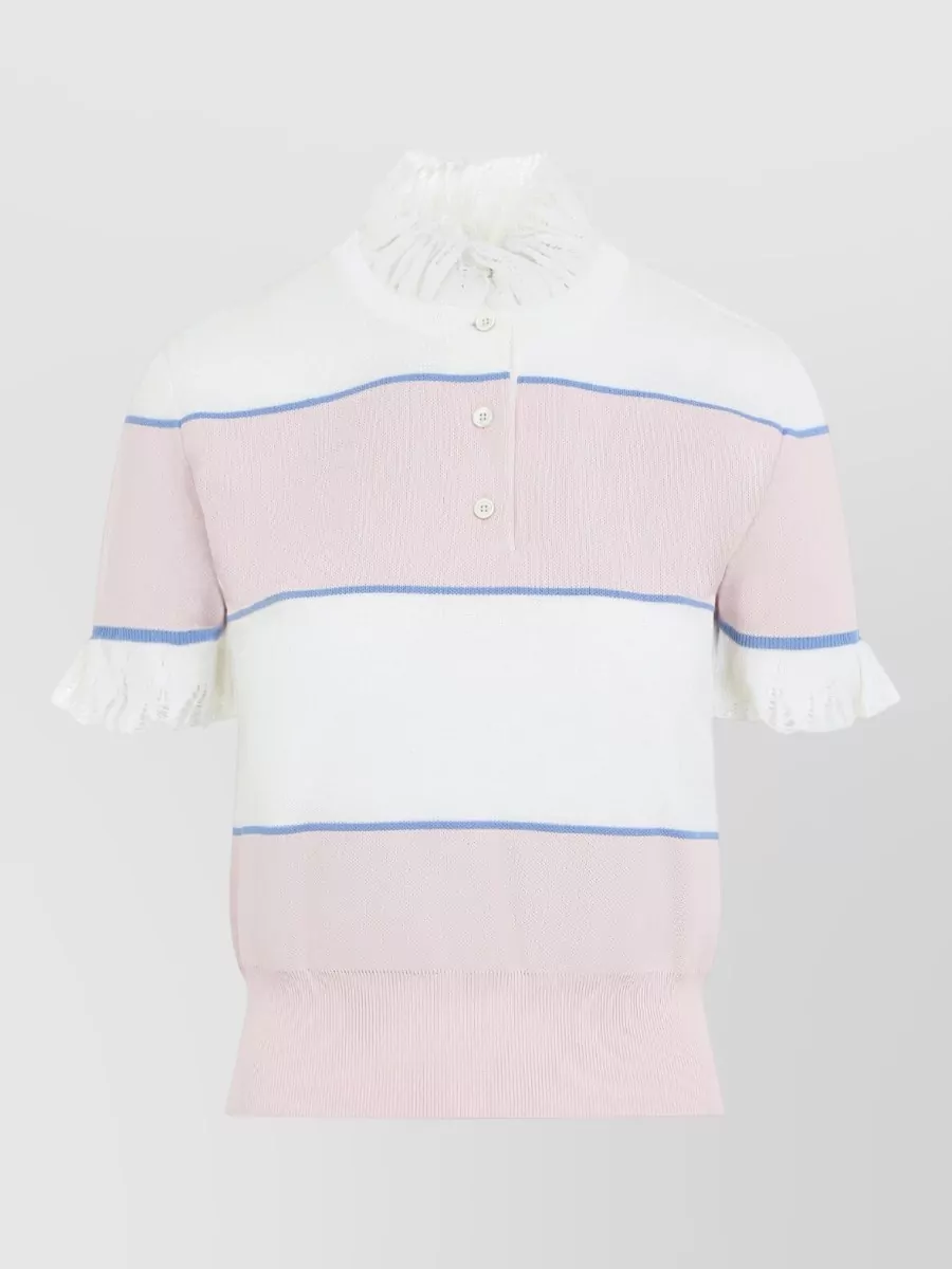 Alexander Mcqueen Striped Ruffled High-Neck Short-Sleeve Knitted Top