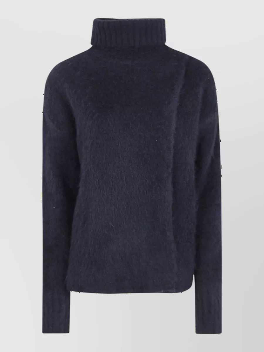 Uma Wang Alpaca wool high-neck sweatshirt — The mauve taupe knit with burgundy peeking through picks up the coat’s taupe stripe and adds a subtle, intellectual color depth while keeping the relaxed, quiet-luxury mood.