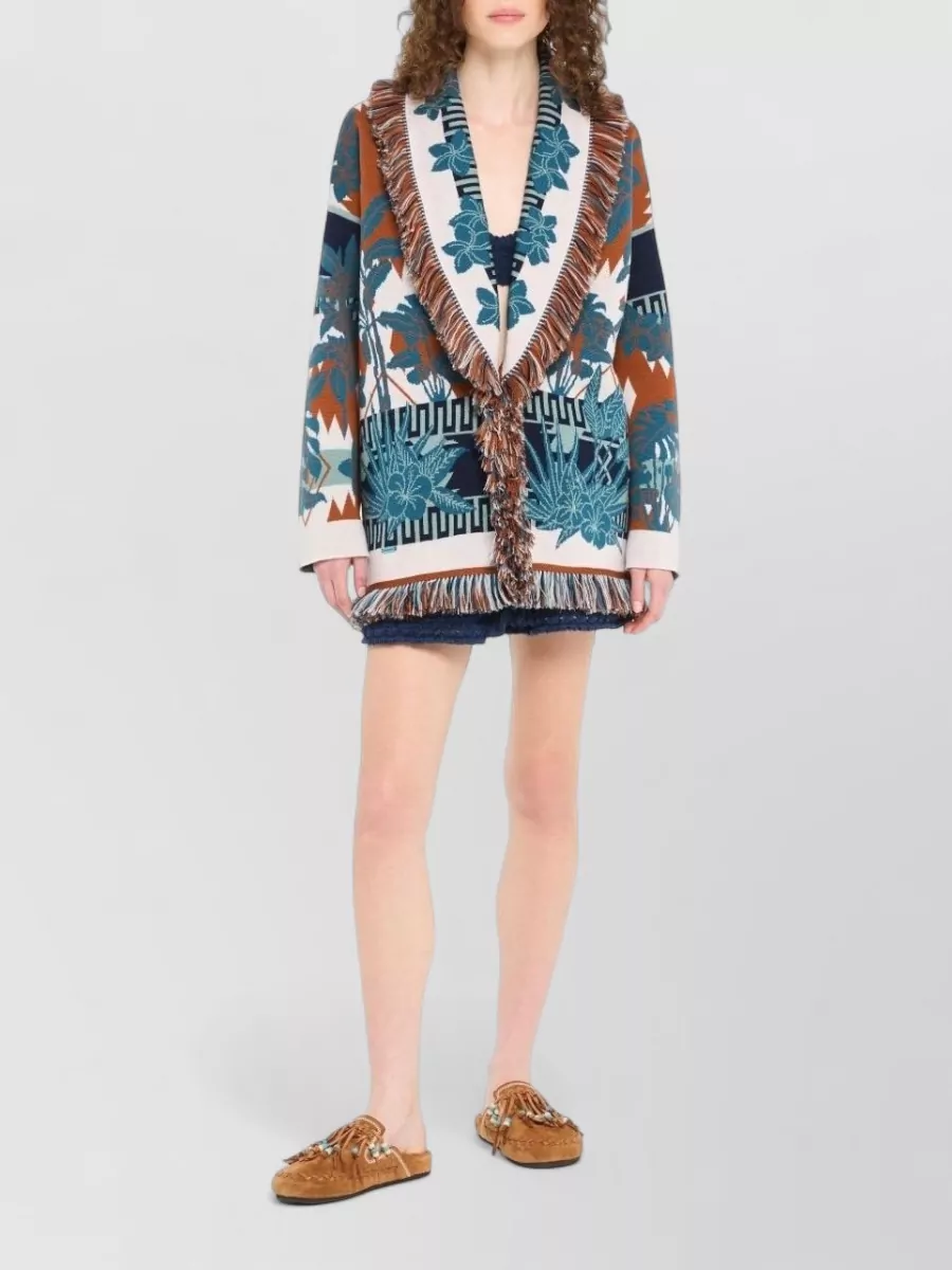 Alanui Long Floral Cardigan With Fringe Shawl Collar In Multi