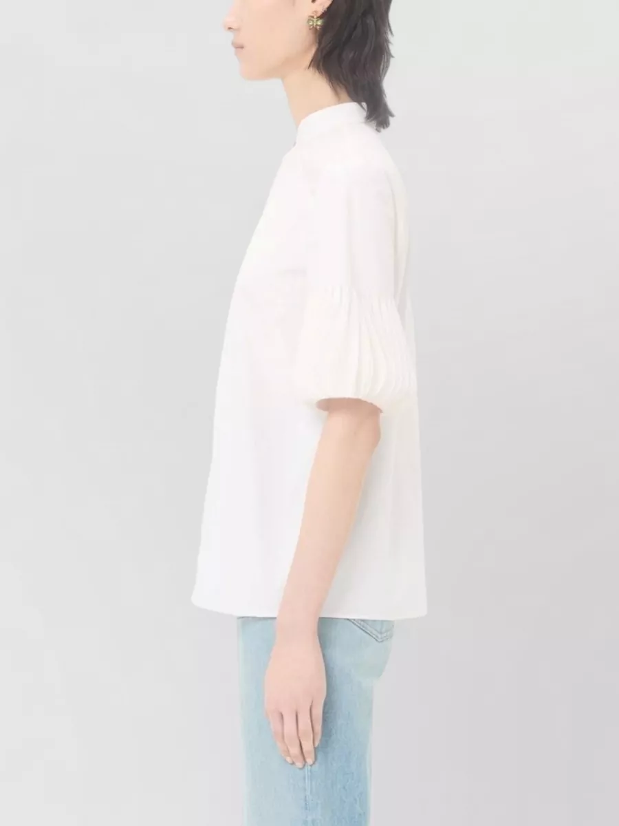 Valentino Cotton Mandarin Collar Pleated Sleeve Blouse