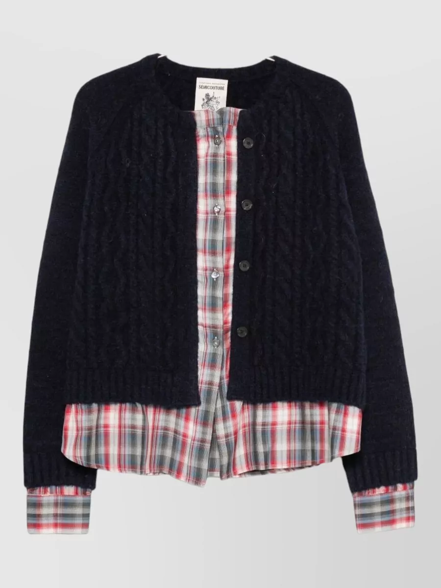 Semicouture cable-knit checked wool-blend cardigan