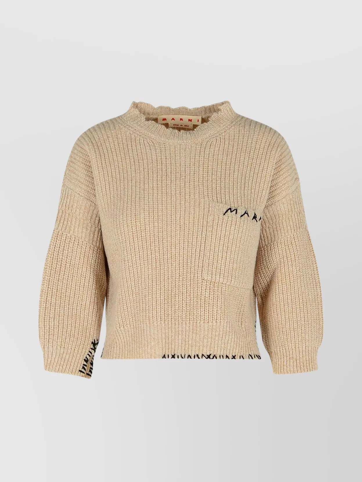 Marni Crew Neck Wool Sweater Embroidered In Brown