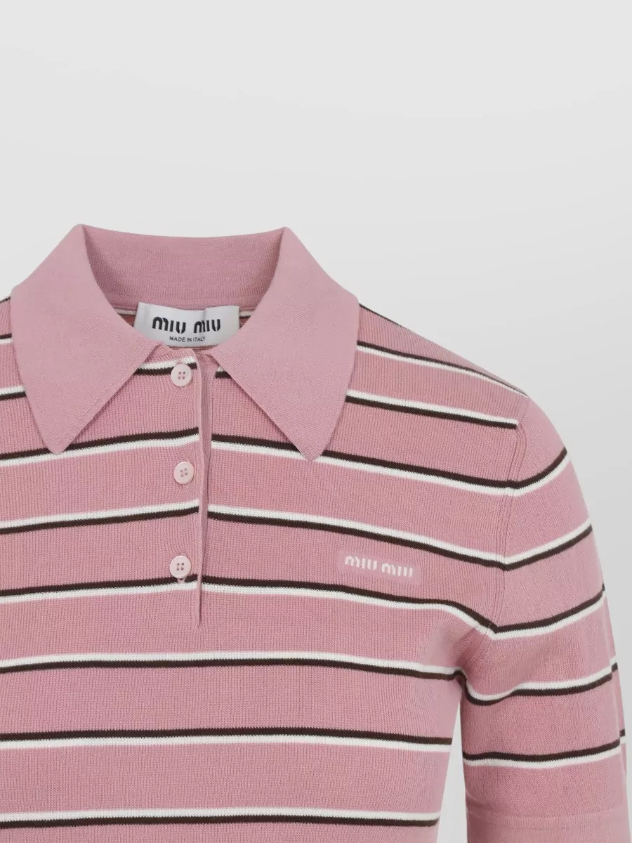 Miu Miu Striped Polo Shirt Ribbed Hem Short Sleeves